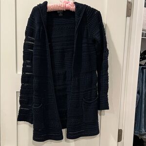 Navy Blue Cotton Blend Hooded Cardigan